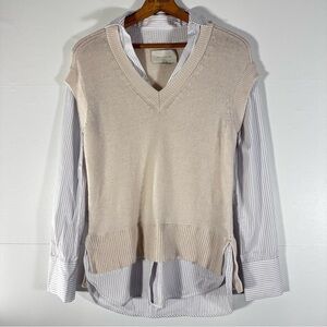 Brochu Walker “Layered Looker” Cream V-Neck Sweater Vest and Pinstripe Shirt